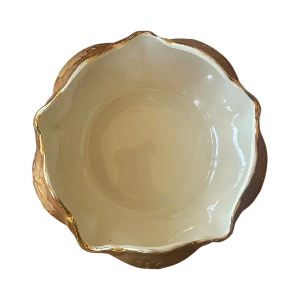Vtg Kass China Co Weeping Bowl Gold 22K Drip Glaze Scalloped Rim MCM Centerpiece